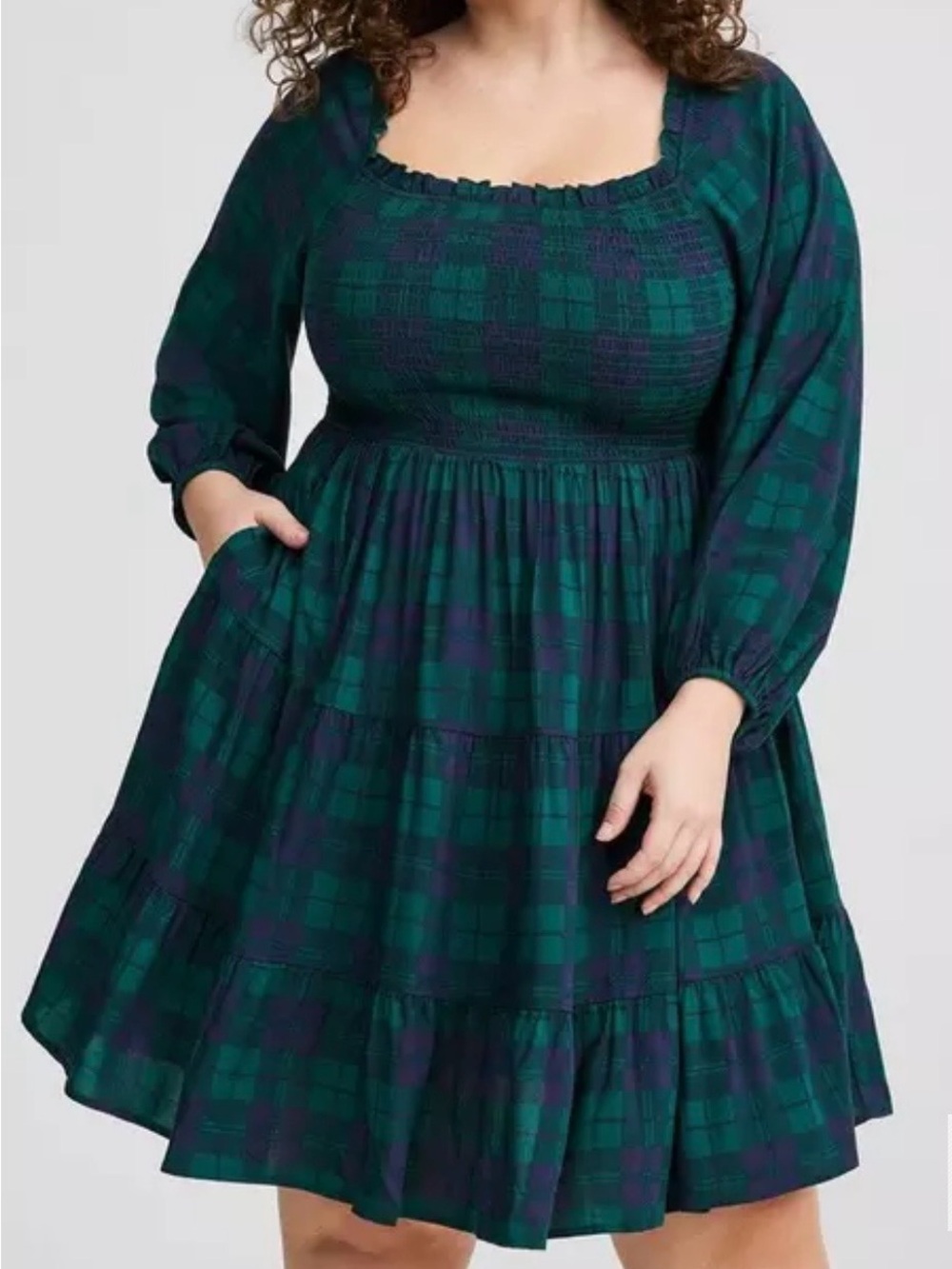 torrid Green and Navy Plaid Smocked Tiered Dress